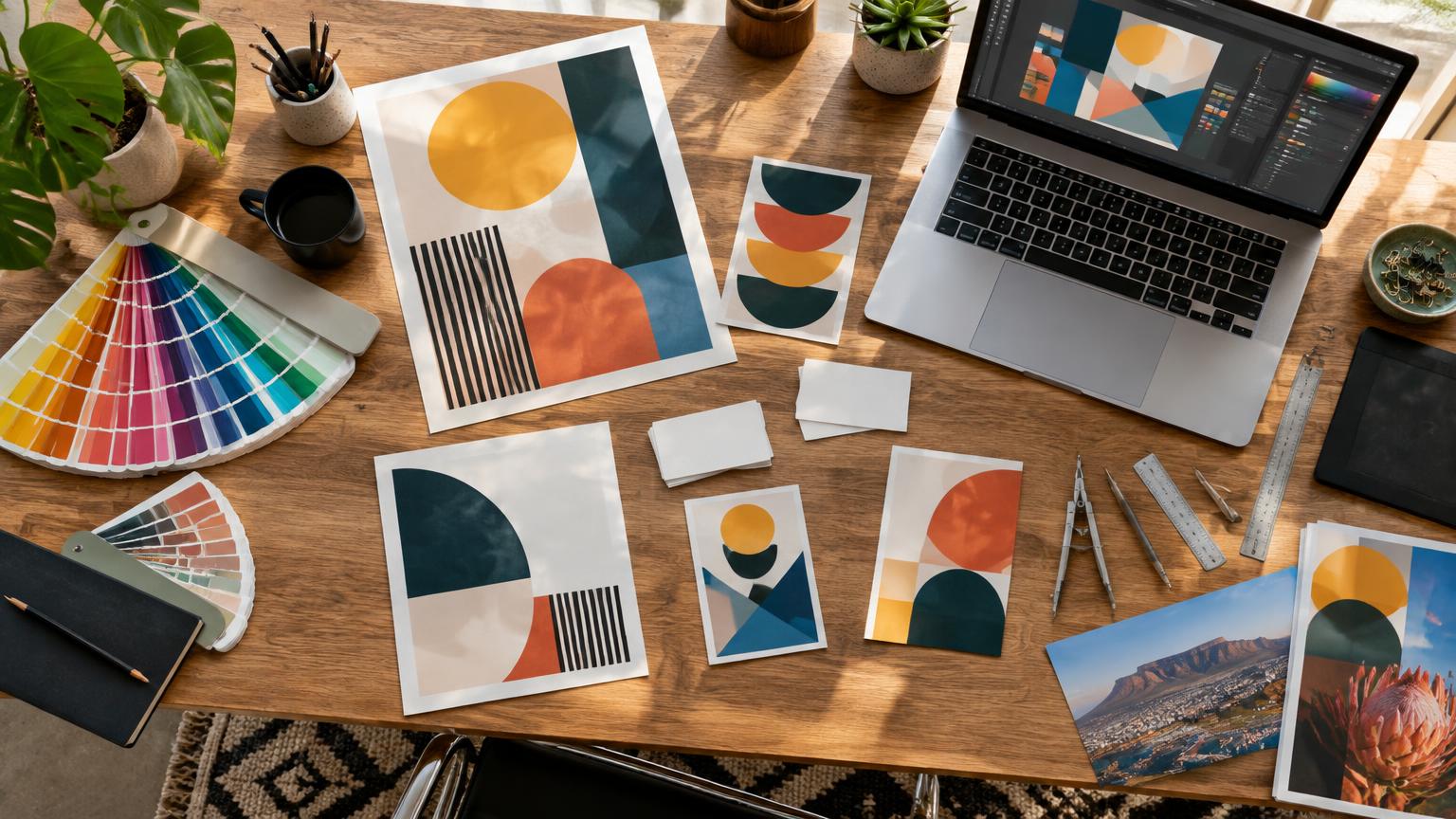 Design studio desk with colour swatches, printed posters and brand mockups
